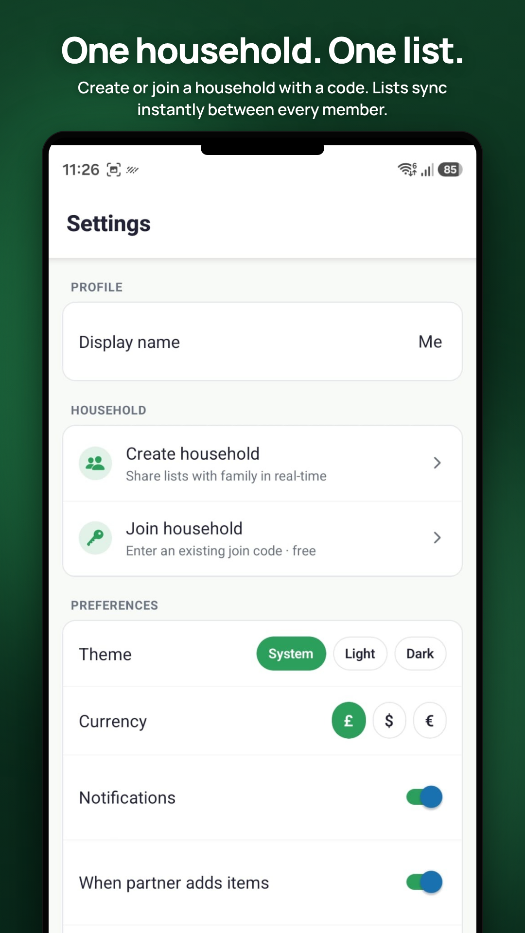 Household sharing settings